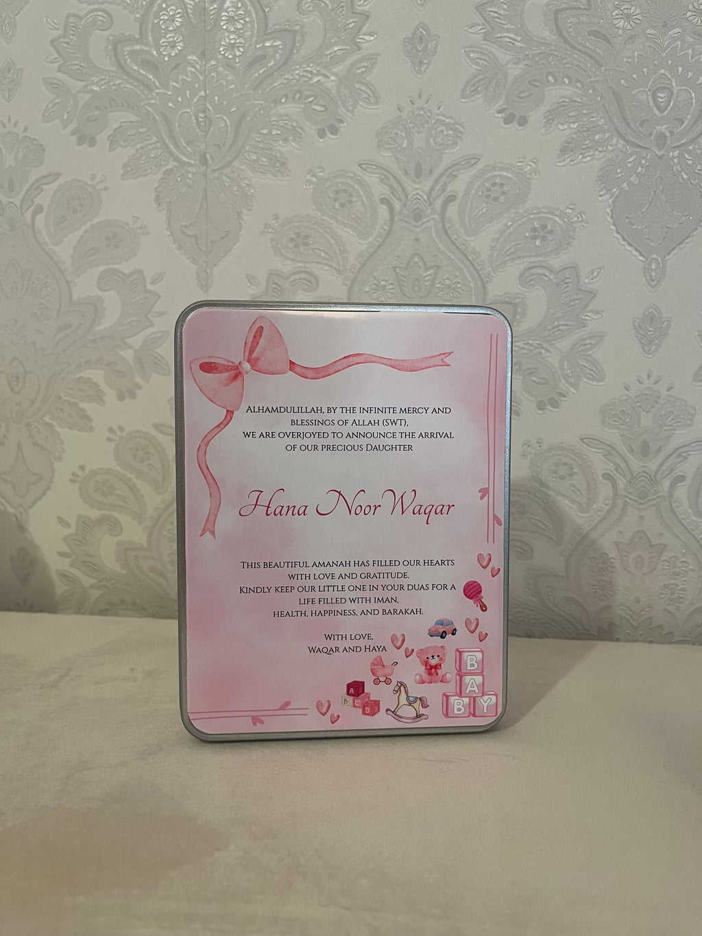 Baby Girl Bow Mithai Boxes | Baby Announcement Tins UK